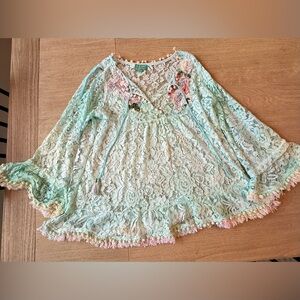 Antica Sartoria by Giacomo Cinque Lace Boho Tunic Aqua Floral Embroidered L